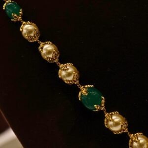 22KT Gold Antique Nakasa Bridal Jewellery Set (Necklace, Hara, Jhumka & Nettichutti) with Pearl & Green Beads – HUID Hallmarked (91.27g)