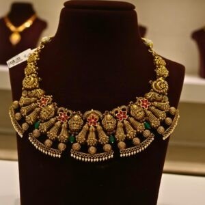 22KT Gold Antique Nakasa Necklace with Pearl, Green Beads & Kundan Work (HUID Hallmarked) – Premium Traditional Collection (28.66g)