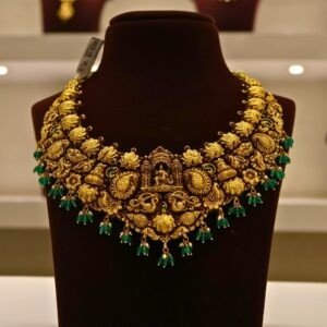 22KT Gold Antique Nakasa Lakshmi Necklace with Pearl & Green Beads (HUID Hallmarked) – Grand Bridal Collection (58.72g)