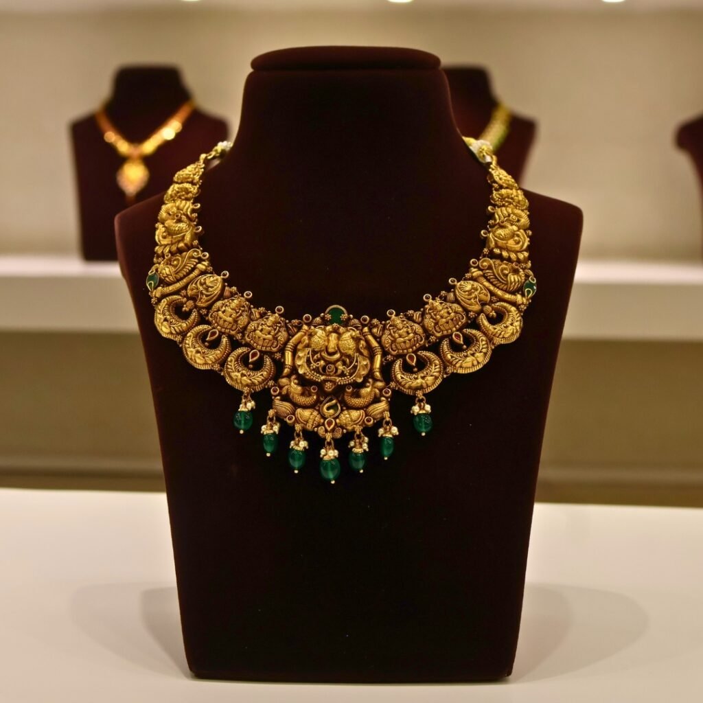22KT Gold Antique Peacock Necklace with Pearl & Green Beads (HUID Hallmarked) – Premium Traditional Collection (37.61g)