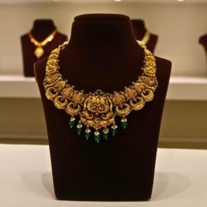 22KT Gold Antique Peacock Necklace with Pearl & Green Beads (HUID Hallmarked) – Premium Traditional Collection (37.61g)