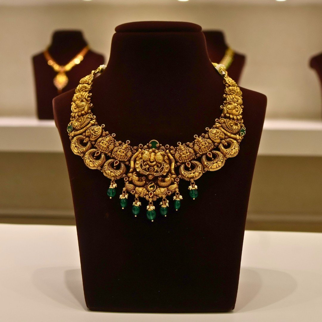 22KT Gold Antique Peacock Necklace with Pearl & Green Beads (HUID Hallmarked) – Premium Traditional Collection (37.61g)
