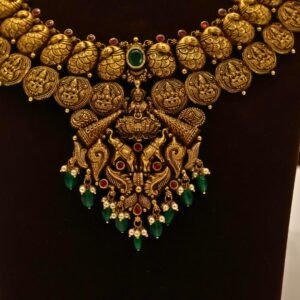 22KT Gold Antique Lakshmi & Elephant Necklace with Pearl & Green Beads (HUID Hallmarked) – Grand Bridal Collection (45.28g)