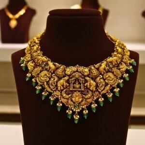 22KT Gold Antique Nakasa Lakshmi Necklace with Pearl & Green Beads (HUID Hallmarked) – Grand Bridal Collection (49.72g)