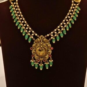 22KT Gold Pearl Necklace with Green Beads Work (HUID Hallmarked) – 14.77g