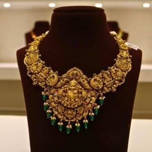 22KT Gold Antique Nakasa Necklace with Pearl & Embossed Lakshmi Work (HUID Hallmarked) – Grand Bridal Collection (44.72g)