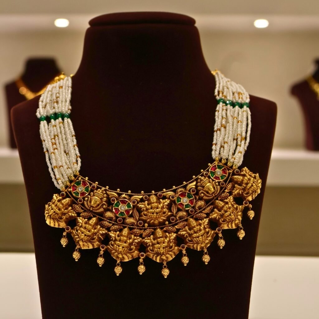22KT Gold Antique Lakshmi Necklace with Pearl Beads (HUID Hallmarked) – Elegant Traditional Collection (32.27g)