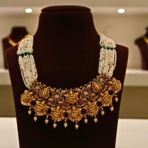 22KT Gold Antique Lakshmi Necklace with Pearl Beads (HUID Hallmarked) – Elegant Traditional Collection (32.27g)