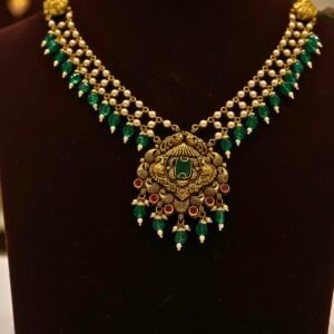 22KT Gold Necklace with Pearl & Green Beads Work (HUID Hallmarked) – Elegant Traditional Collection (15.10g)