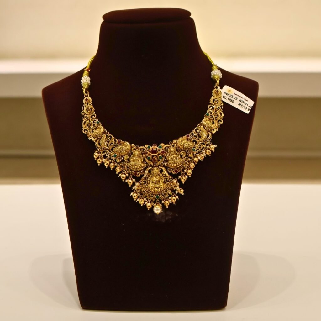 22KT Gold Multi-Stone Necklace (HUID Hallmarked) – Premium Traditional Design (31.48g)