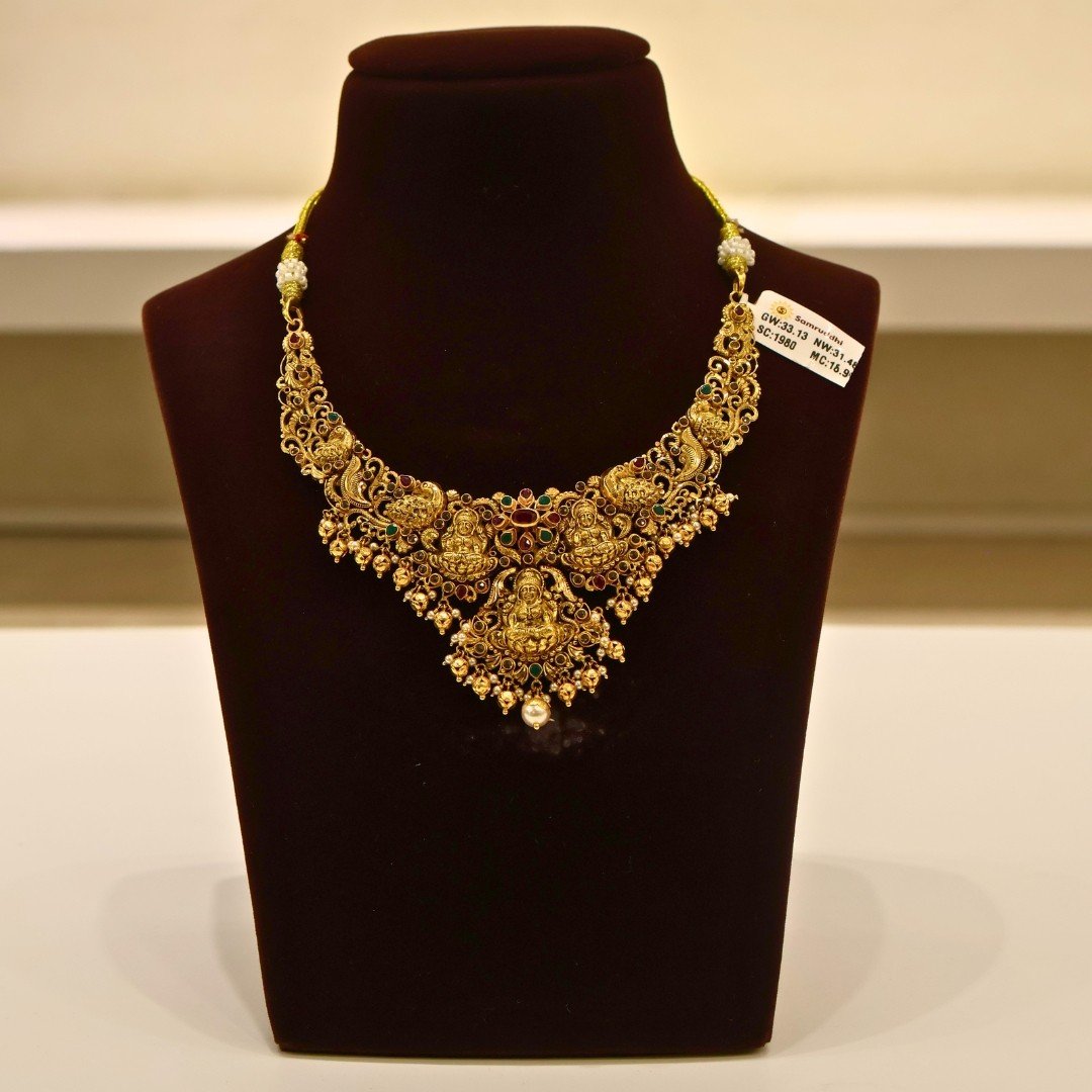 22KT Gold Multi-Stone Necklace (HUID Hallmarked) – Premium Traditional Design (31.48g)