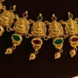 22KT Gold Lakshmi Necklace with Ruby & Green Stone Work (HUID Hallmarked) – Premium Bridal Collection (30.83g)
