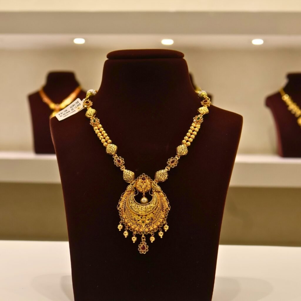22KT Gold Multi-Stone Necklace (HUID Hallmarked) – Elegant Traditional Collection (29.76g)