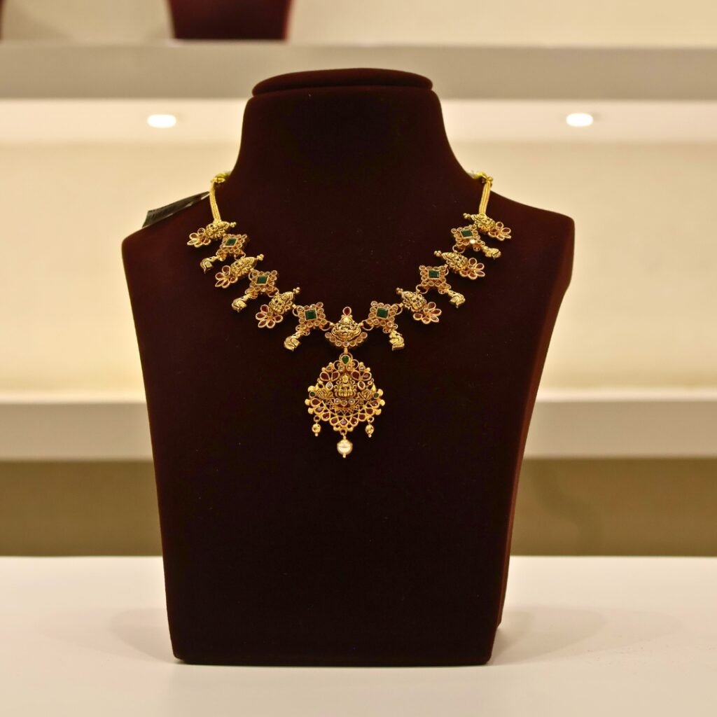 22KT Gold Lakshmi Multi-Stone Necklace (HUID Hallmarked) – Traditional Bridal Collection (24.15g)