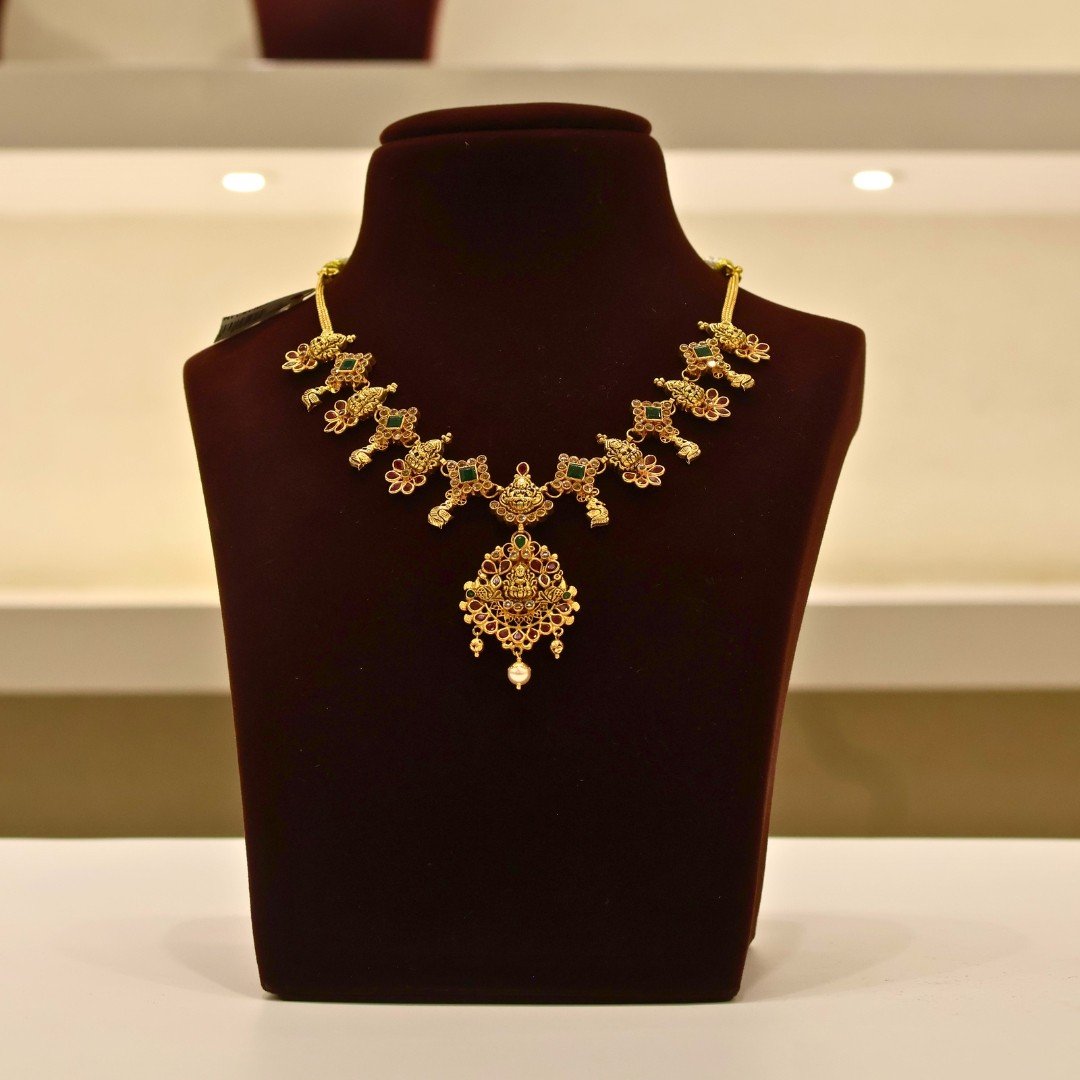22KT Gold Lakshmi Multi-Stone Necklace (HUID Hallmarked) – Traditional Bridal Collection (24.15g)