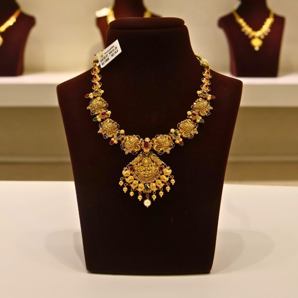 22KT Gold Peacock & Lakshmi Multi-Stone Necklace (HUID Hallmarked) – Premium Bridal Collection (31.33g)