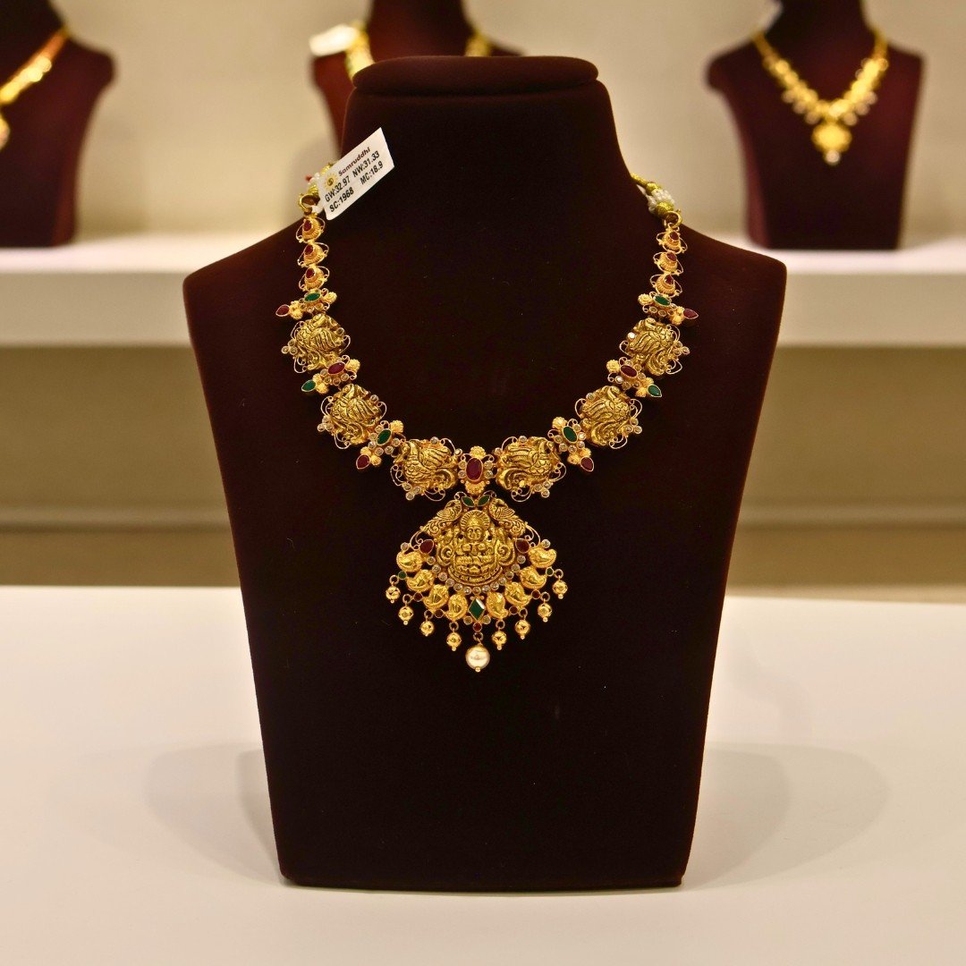 22KT Gold Peacock & Lakshmi Multi-Stone Necklace (HUID Hallmarked) – Premium Bridal Collection (31.33g)