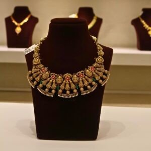 22KT Gold Antique Nakasa Necklace with Pearl, Green Beads & Kundan Work (HUID Hallmarked) – Premium Traditional Collection (28.66g)