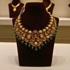 22KT Gold Antique Nakasa Lakshmi Necklace with Pearl & Green Beads (HUID Hallmarked) – Grand Bridal Collection (58.72g)