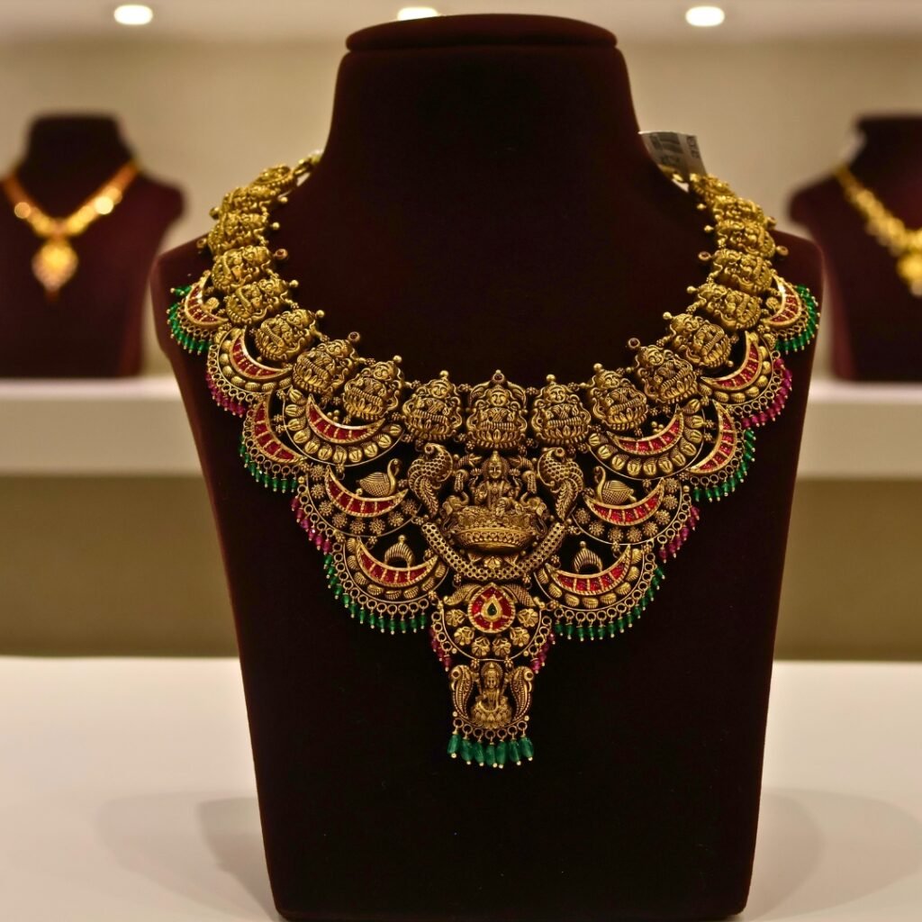 22KT Gold Antique Lakshmi Necklace with Green Beads (HUID Hallmarked) – Grand Bridal Collection (62.21g)