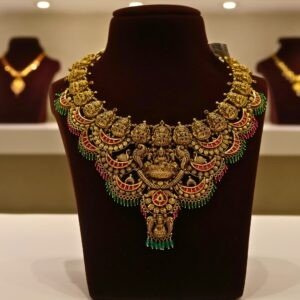 22KT Gold Antique Lakshmi Necklace with Green Beads (HUID Hallmarked) – Grand Bridal Collection (62.21g)
