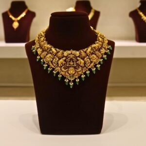 22KT Gold Antique Nakasa Lakshmi Necklace with Pearl & Green Beads (HUID Hallmarked) – Grand Bridal Collection (49.72g)