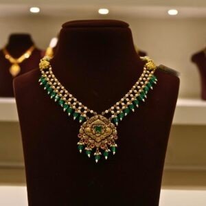 22KT Gold Necklace with Pearl & Green Beads Work (HUID Hallmarked) – Elegant Traditional Collection (15.10g)