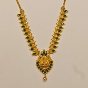 22KT Gold Lakshmi Necklace with Emerald Stone Work (HUID Hallmarked) – Traditional Bridal Collection (21.24g)
