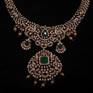 14KT Diamond Necklace with Emerald Stones (Luxury Bridal Collection) – 47.35g