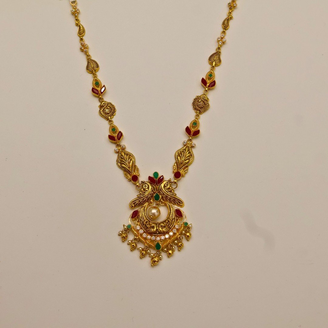22KT Gold Multi-Stone Necklace (HUID Hallmarked) – Elegant Traditional Collection (14.57g)