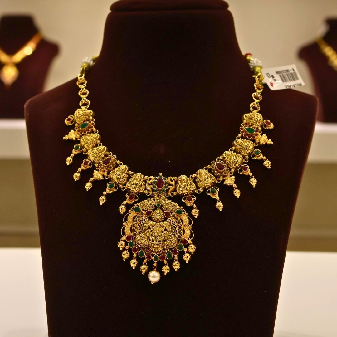 22KT Gold Lakshmi Multi-Stone Necklace (HUID Hallmarked) – Premium Bridal Collection (32.47g)