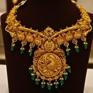 22KT Gold Antique Nakasa Necklace with Pearl & Green Beads (HUID Hallmarked) – Grand Bridal Collection (46.81g)