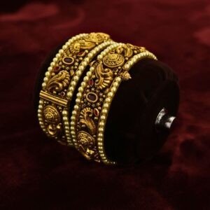 22KT Nagas Gold Pearl & Ruby Layered Screw Bangles (HUID Hallmarked) – 56.27g