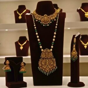 22KT Gold Antique Nakasa Bridal Jewellery Set (Necklace, Hara, Jhumka & Nettichutti) with Pearl & Green Beads – HUID Hallmarked (91.27g)