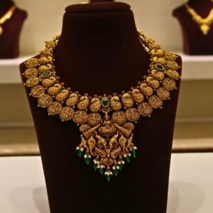 22KT Gold Antique Lakshmi & Elephant Necklace with Pearl & Green Beads (HUID Hallmarked) – Grand Bridal Collection (45.28g)