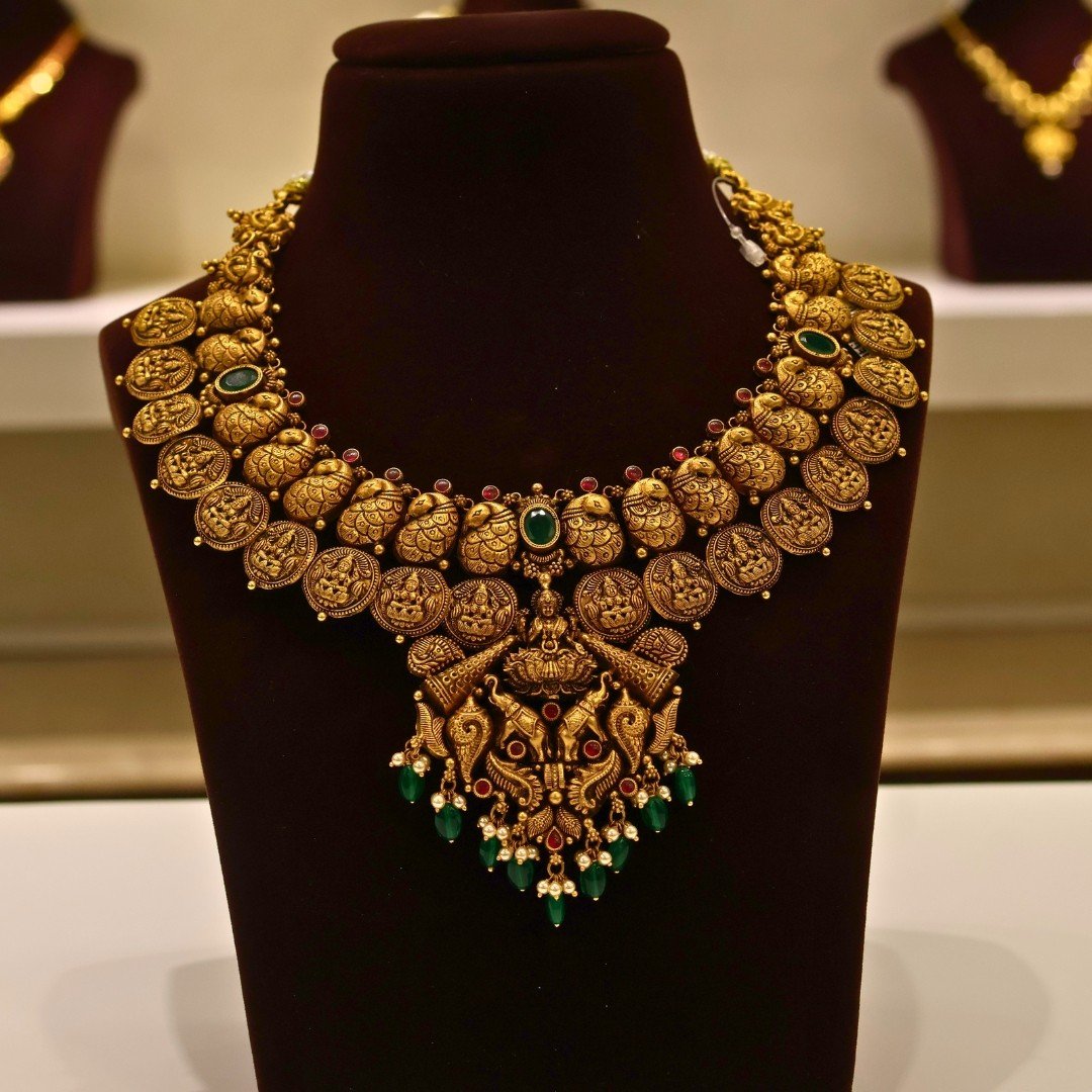 22KT Gold Antique Lakshmi & Elephant Necklace with Pearl & Green Beads (HUID Hallmarked) – Grand Bridal Collection (45.28g)