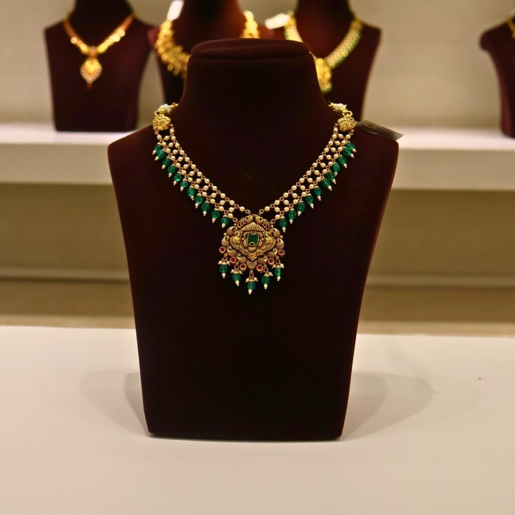 22KT Gold Necklace with Pearl & Green Beads Work (HUID Hallmarked) – Elegant Traditional Collection (15.10g)