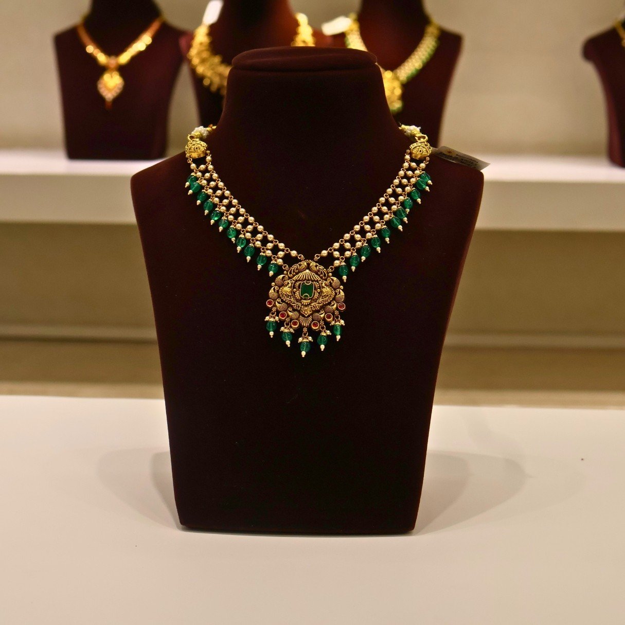 22KT Gold Necklace with Pearl & Green Beads Work (HUID Hallmarked) – Elegant Traditional Collection (15.10g)