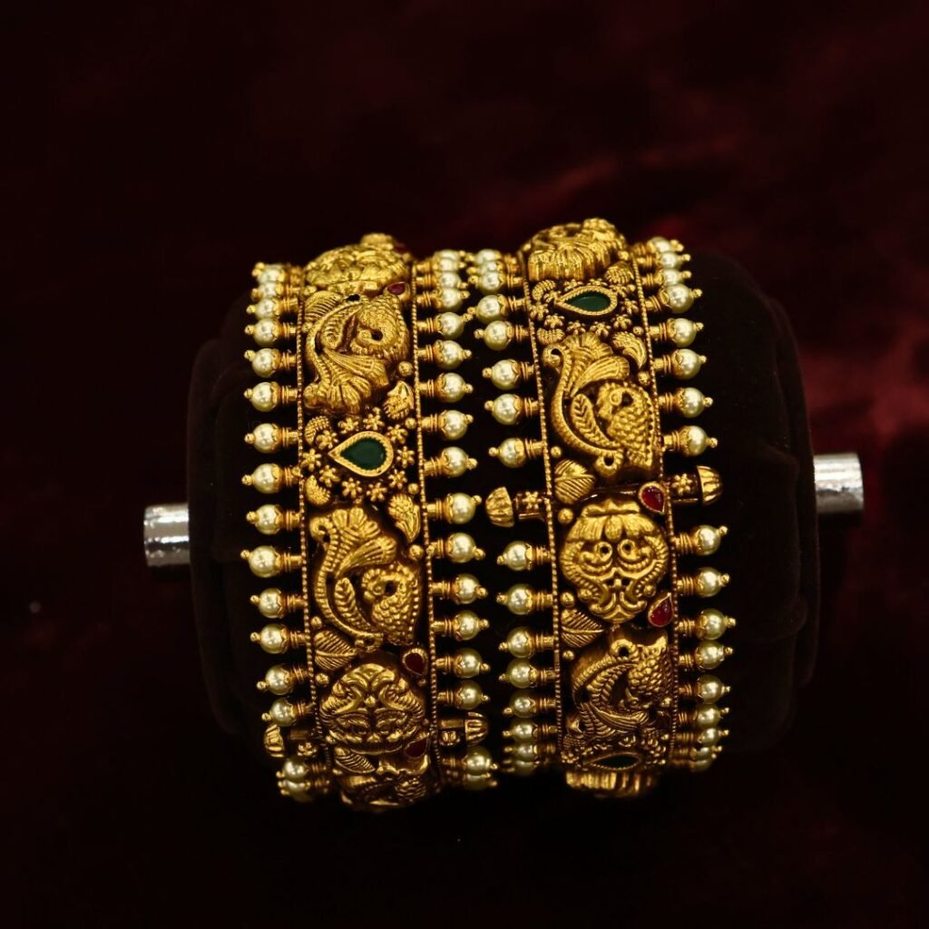 22KT Nagas Gold Pearl & Ruby Bangles (HUID Hallmarked) – 57.21g