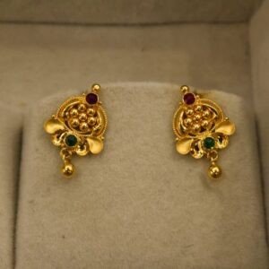 22KT Gold Small Stud Earrings – Bombay Design with Red & Green Stones (HUID Hallmarked) – 2.15g