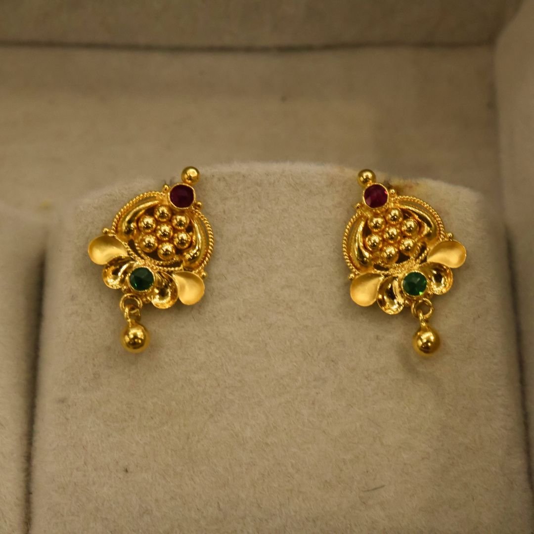 22KT Gold Small Stud Earrings – Bombay Design with Red & Green Stones (HUID Hallmarked) – 2.15g