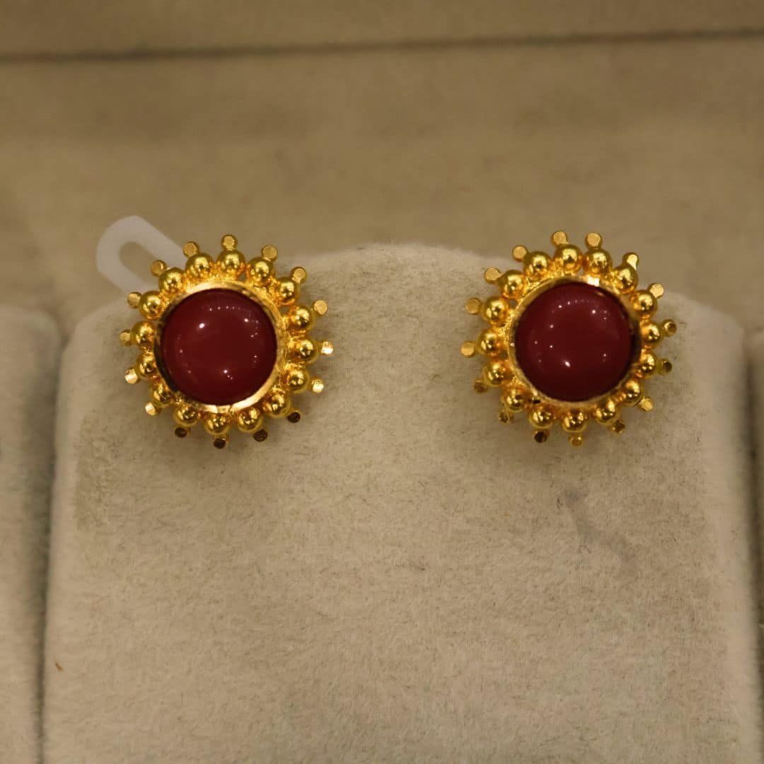 22KT Gold Nellore Design Earrings with Coral Stones (HUID Hallmarked) – Traditional Collection (4.15g)