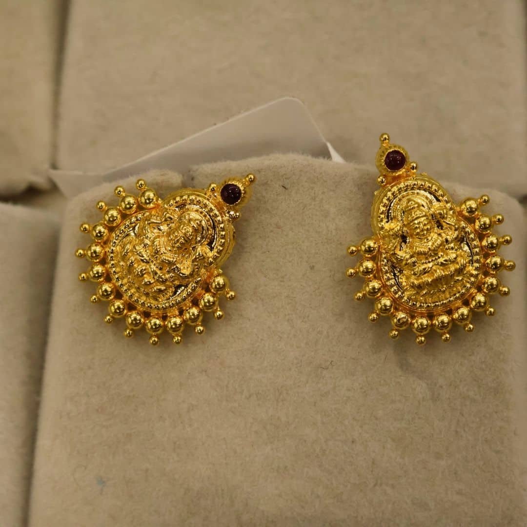22KT Gold Lakshmi Stud Earrings – Bombay Work Design (HUID Hallmarked) – 3.23g