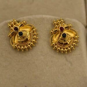 22KT Gold Plain Stud Earrings – Bombay Work with Red & Green Stones (HUID Hallmarked) – 2.14g