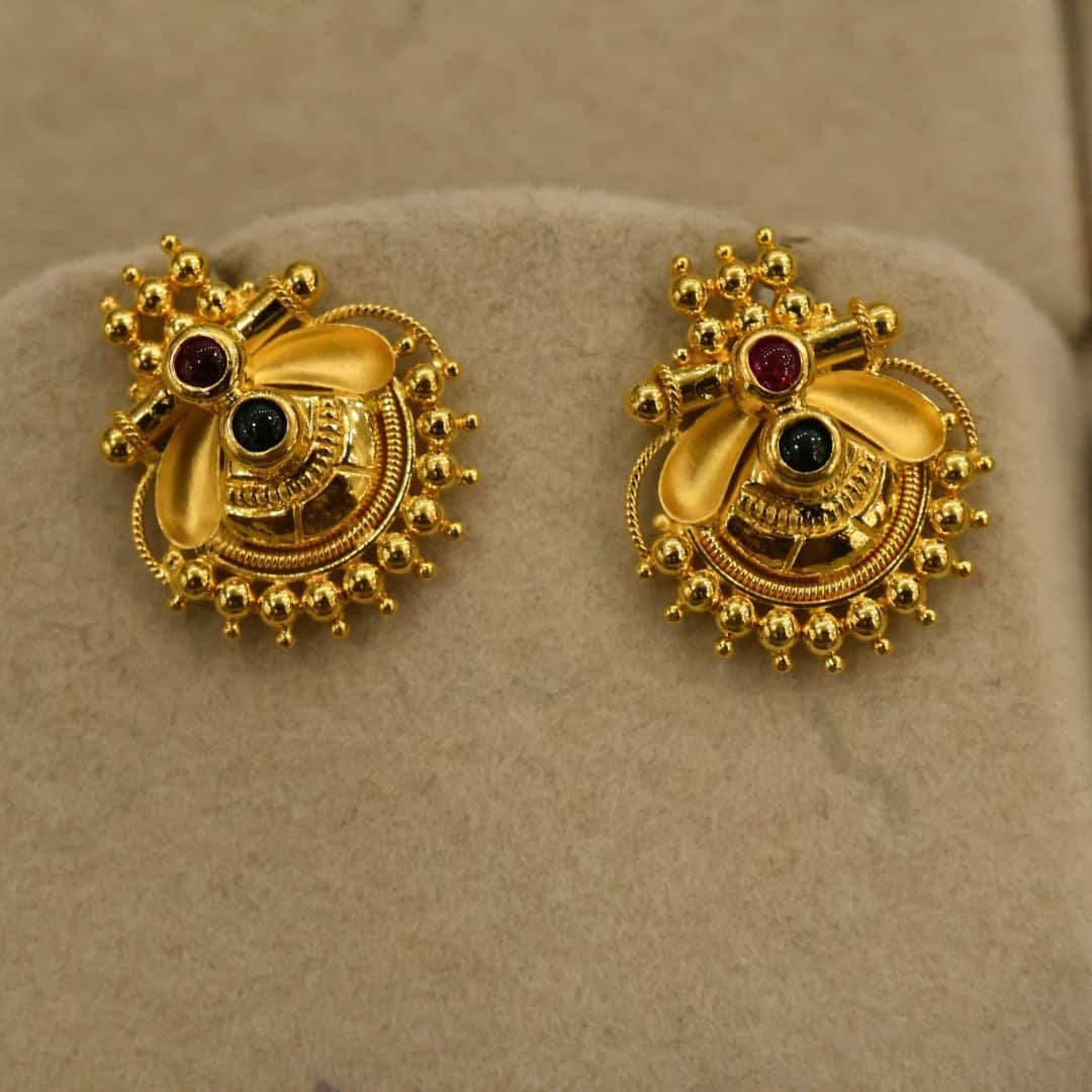22KT Gold Plain Stud Earrings – Bombay Work with Red & Green Stones (HUID Hallmarked) – 2.14g
