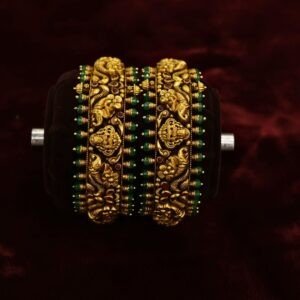 22KT Nagas Gold Embossed Bridal Screw Bangles with Green Beads (HUID Hallmarked) – 58.06g