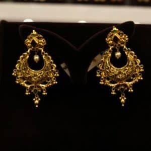 22KT Gold Nellore Nagas Chandbali Earrings with Ruby, Emerald & Pearl (HUID Hallmarked) – 13.85g