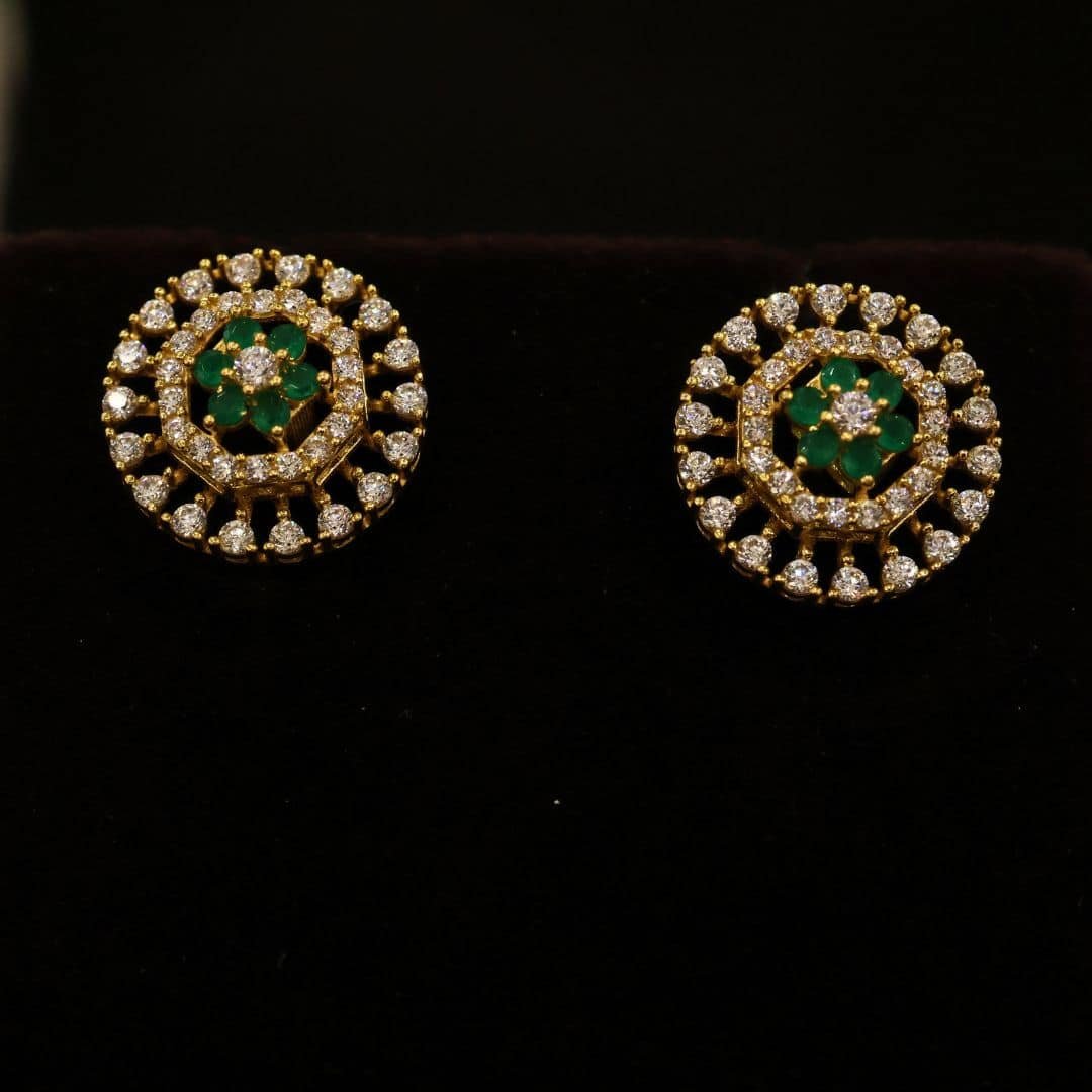 22KT Gold Casting Earrings with Diamond Work, Zircon & Emerald Stones (HUID Hallmarked) – 5.43g