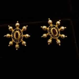 22KT Gold Nellore Ruby, Emerald & Pearl Stud Earrings (HUID Hallmarked) – 6.06g