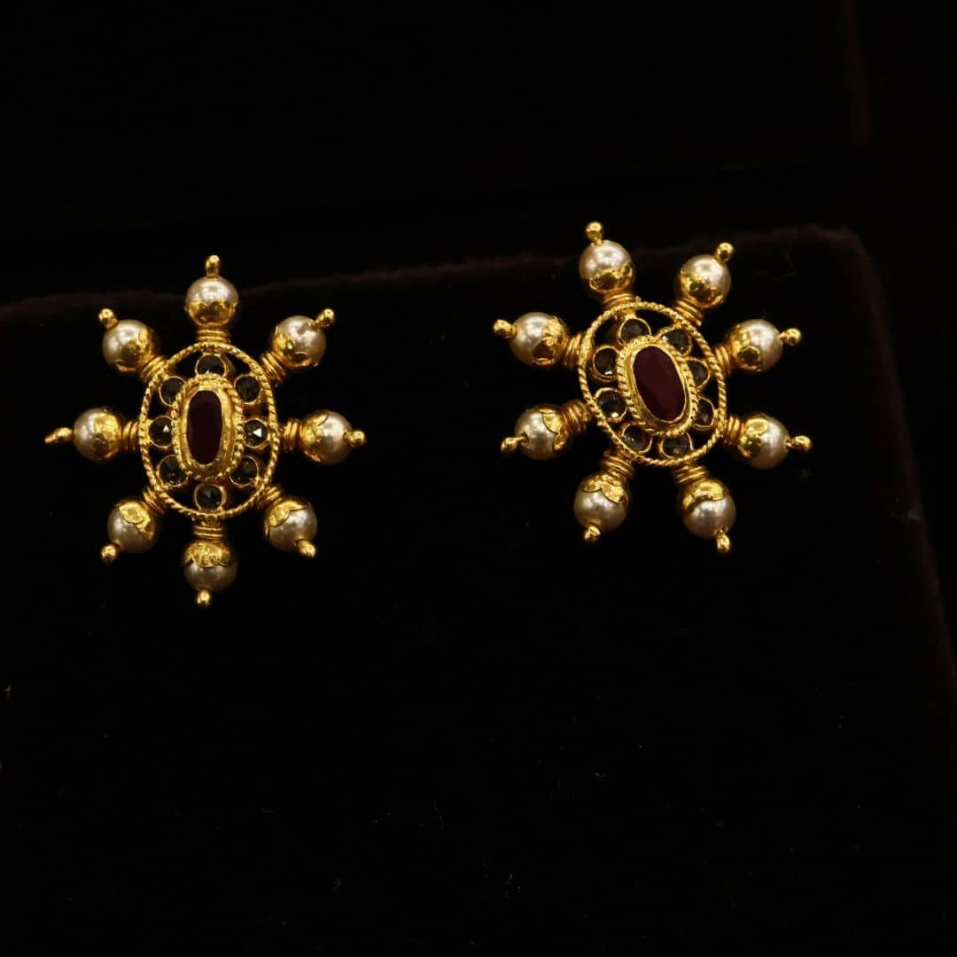 22KT Gold Nellore Ruby, Emerald & Pearl Stud Earrings (HUID Hallmarked) – 6.06g